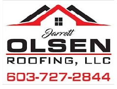 Jarrett Olsen Roofing LLC logo with a red and black house design and contact number 603-727-2844