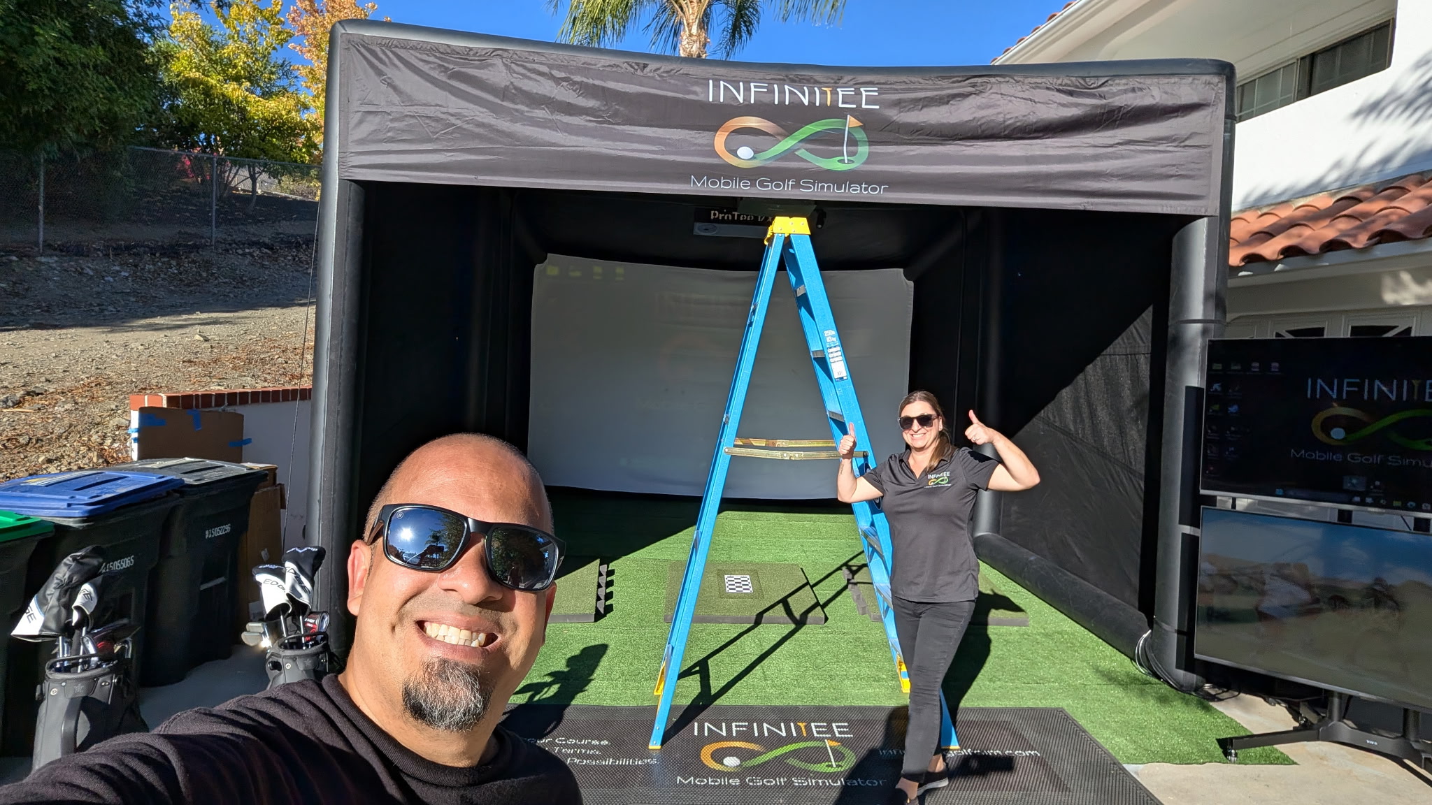 Orlando, Michelle, and Brady Ayala, the family behind InfiniTEE Mobile Golf Simulator in Menifee CA