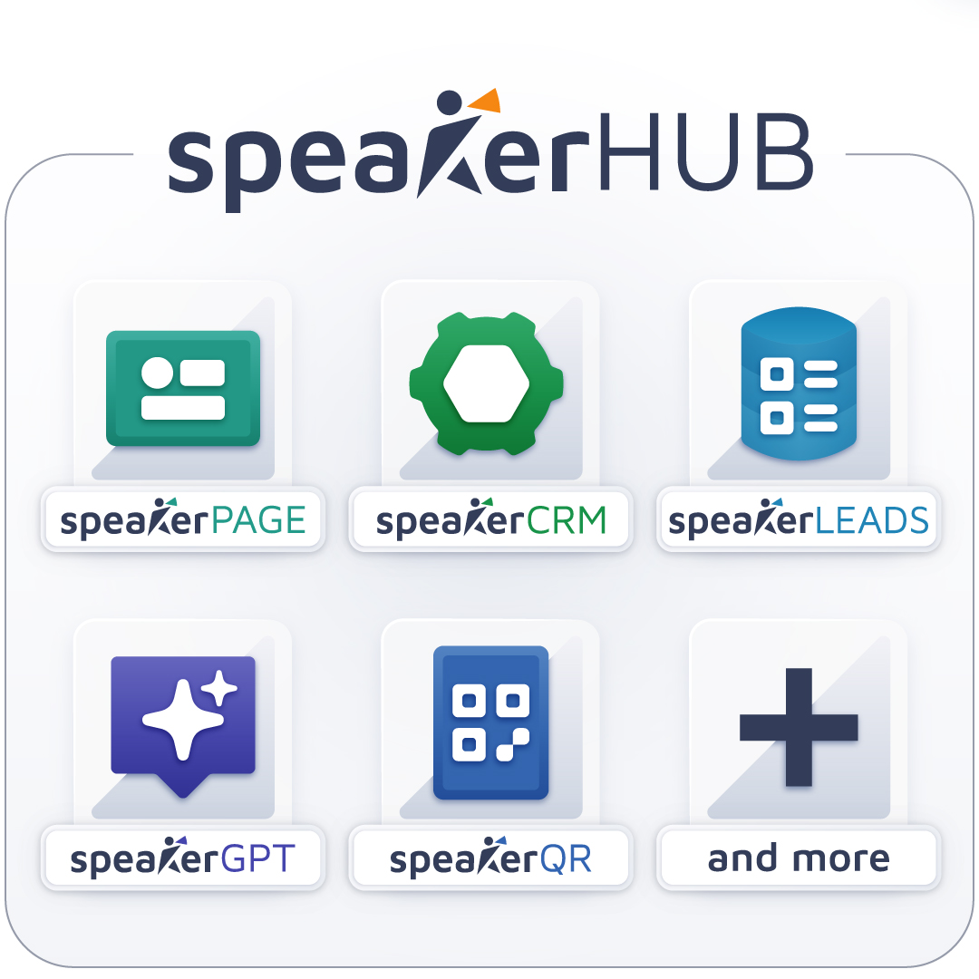SpeakerHUB product suite overview showing SpeakerPAGE, SpeakerCRM, SpeakerLEADS, SpeakerGPT, SpeakerQR icons and more options for professional speakers