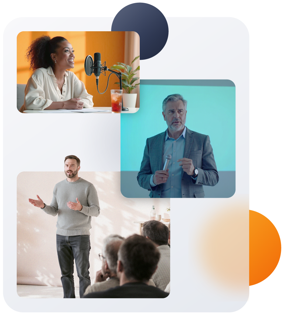 SpeakerHUB use cases mega menu showing diverse professional speakers including consultants, corporate speakers, educators, PhDs, CEOs, marketing agencies, event organizers and authors with professional speaking scenarios