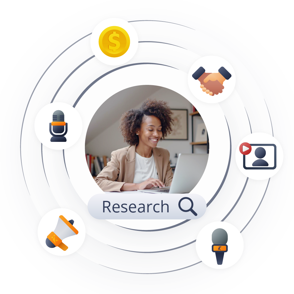 Researcher engaging corporate partners and funders with a research brief in the center.