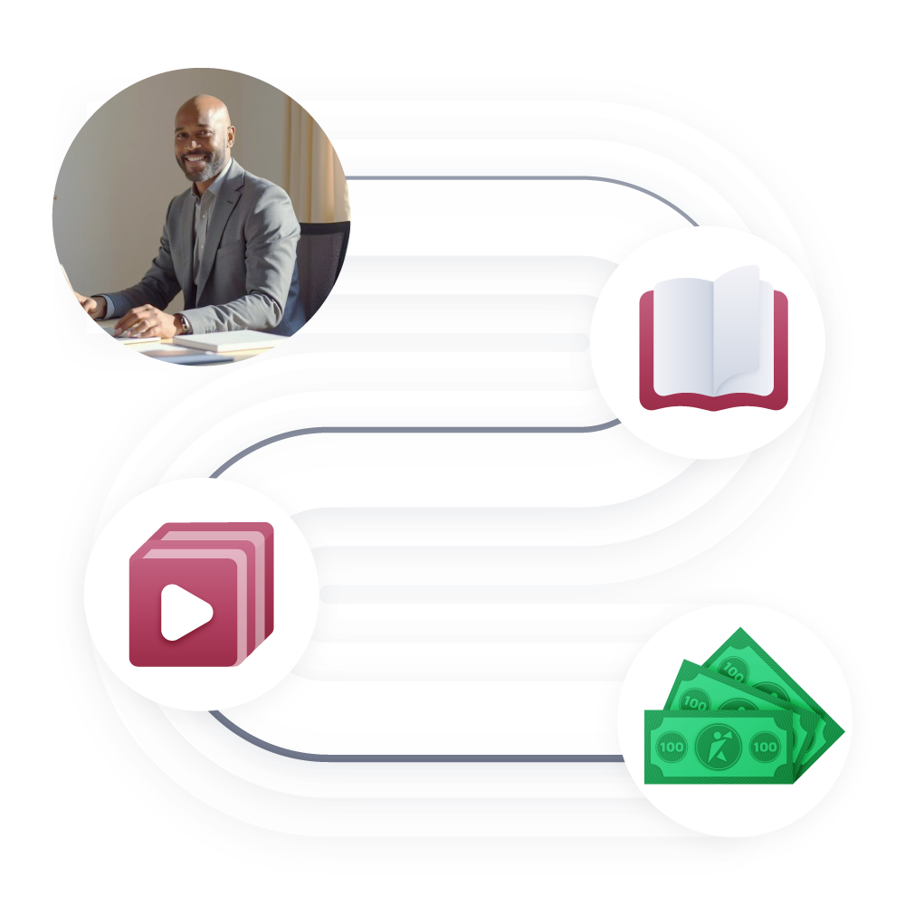 Library of assets—talks, courses, and resources—showing pathways to paid opportunities.