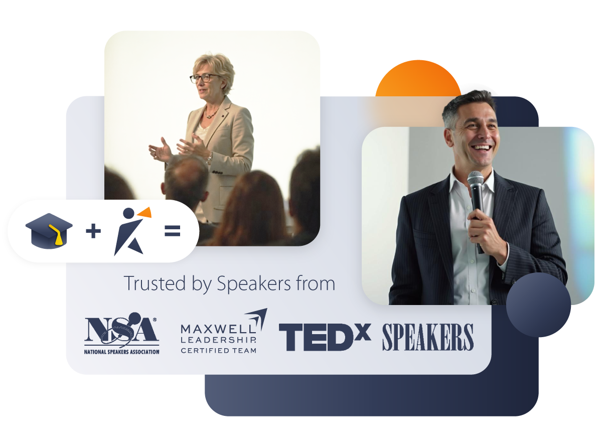 Academic presenting on stage to a live audience; headline overlay about turning a PhD into influence and opportunities.