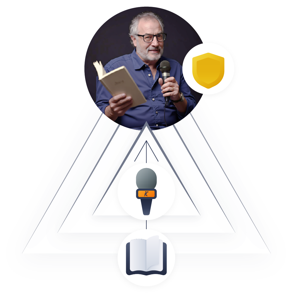 Author speaking on stage inside an authority pyramid with a badge, representing growing credibility and visibility.