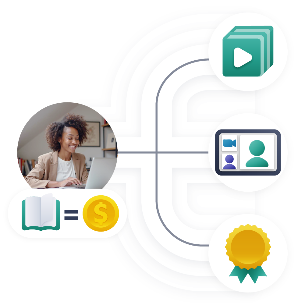 Illustration of an author turning a book into revenue—courses, consulting, and workshops—sold from every stage.