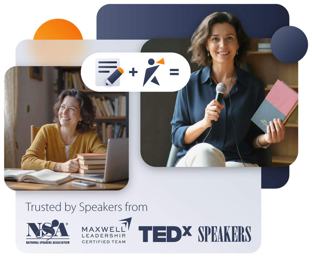 Author on stage speaking to an audience; headline overlay about selling more books through speaking.