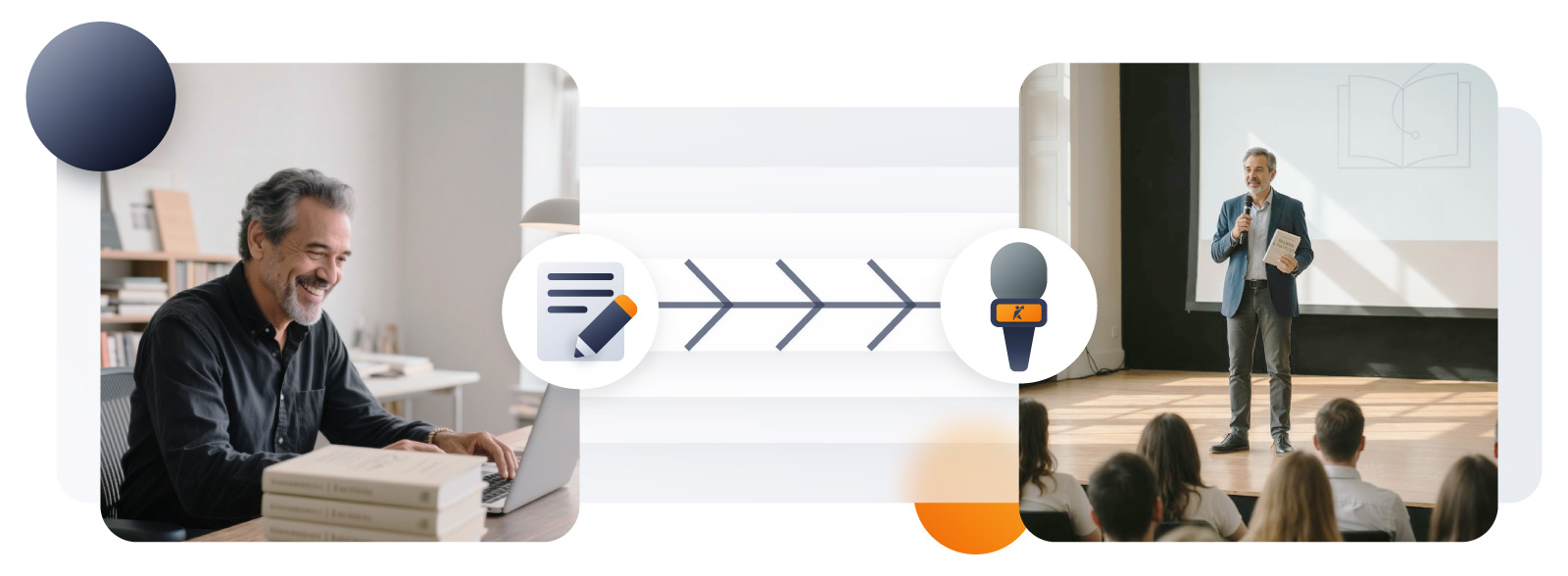 Author at a desk transitioning to giving a talk on stage—journey from writing to presenting.