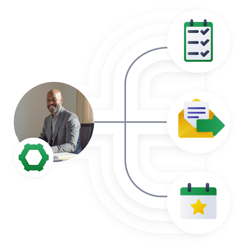 CRM and calendar views showing meetings, follow-ups, and booked talks.