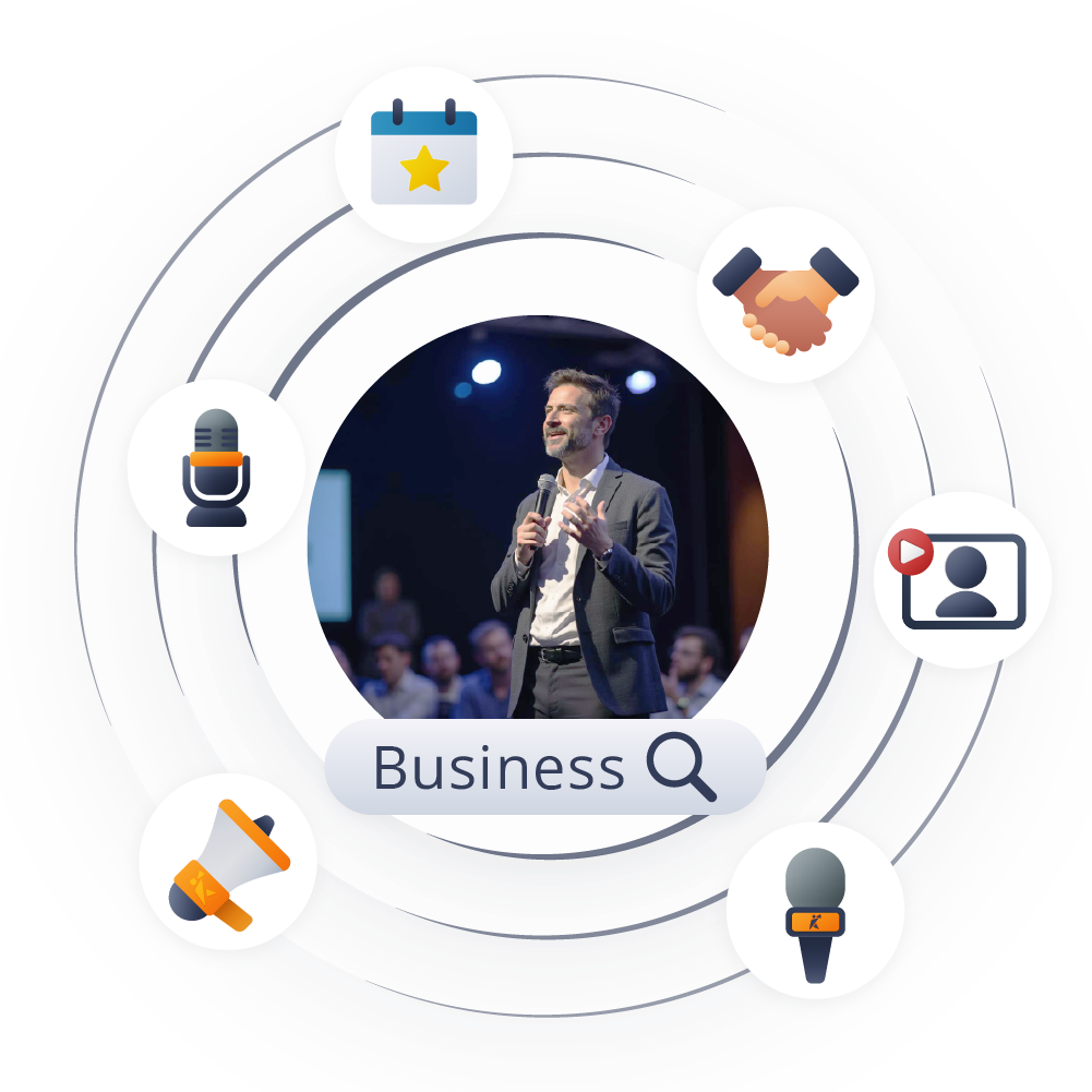 Circular profile view of founder with arrows to buyers, partners, and event hosts.