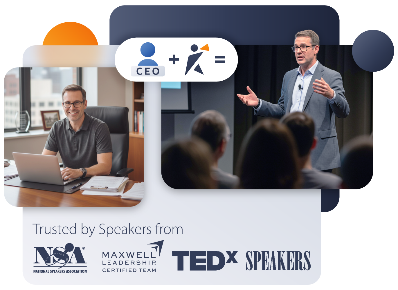CEO speaking on stage to an audience; headline overlay about expanding influence through speaking.