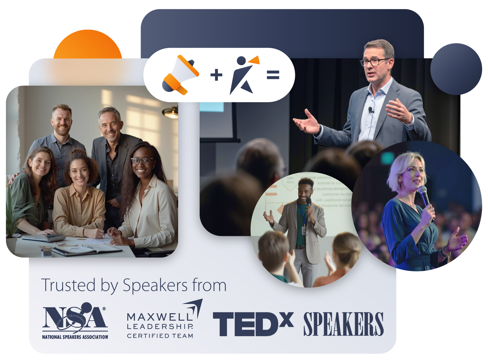 Marketing team preparing a client for media and stage interviews; headline overlay about booking speaking and podcast features