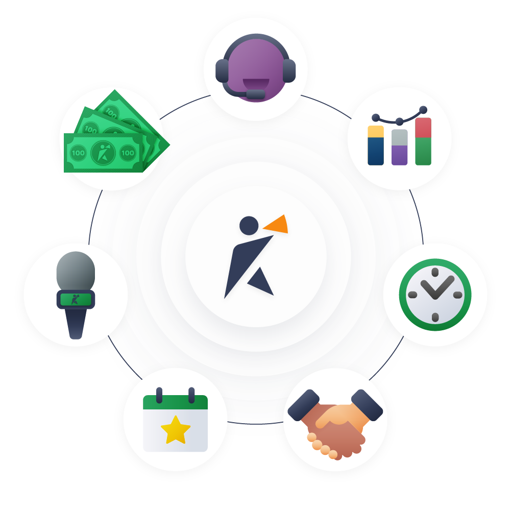 Illustration of a client at the center while the agency amplifies reach across podcasts, media, conferences, and communities.