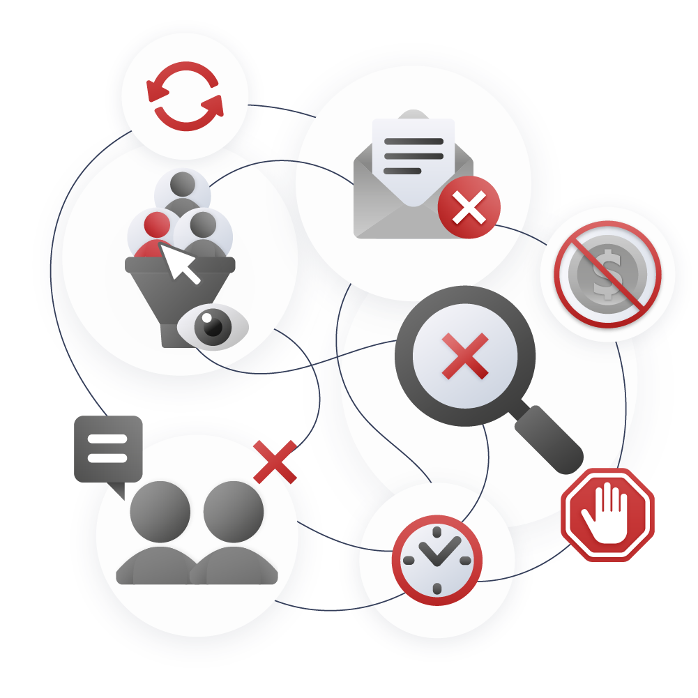 Diagram showing scattered tools, gatekeepers, and missed replies causing booking delays.