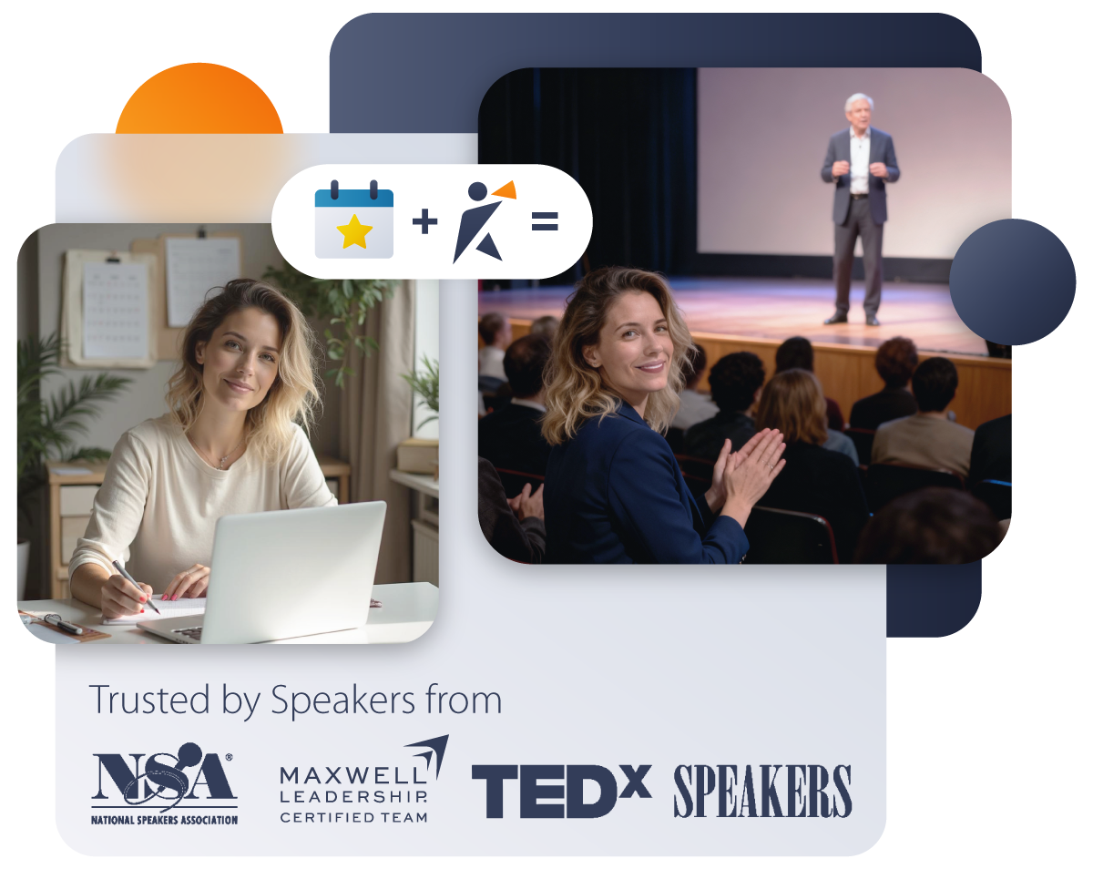 Event organizer reviewing speaker options; collage of speakers on stage and in interviews.