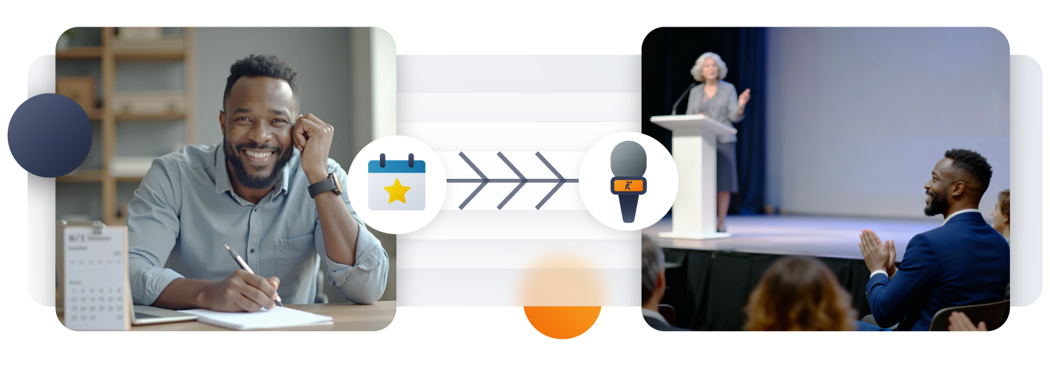 Organizer coordinating a speaker on stage; visual handoff from outreach to booked session.