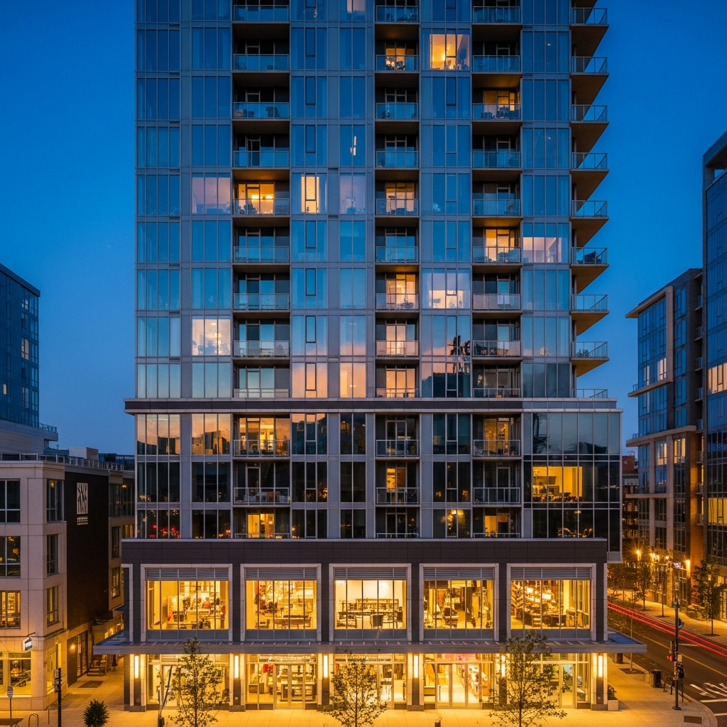 Modern mixed-use development at dusk