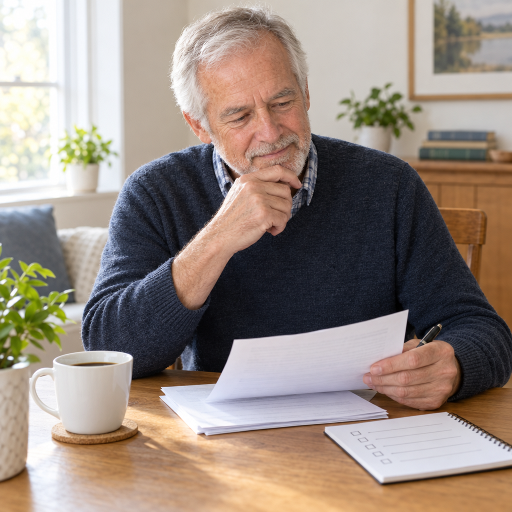 Older man reviewing Medicare plan documents and a checklist at home with a cup of coffee