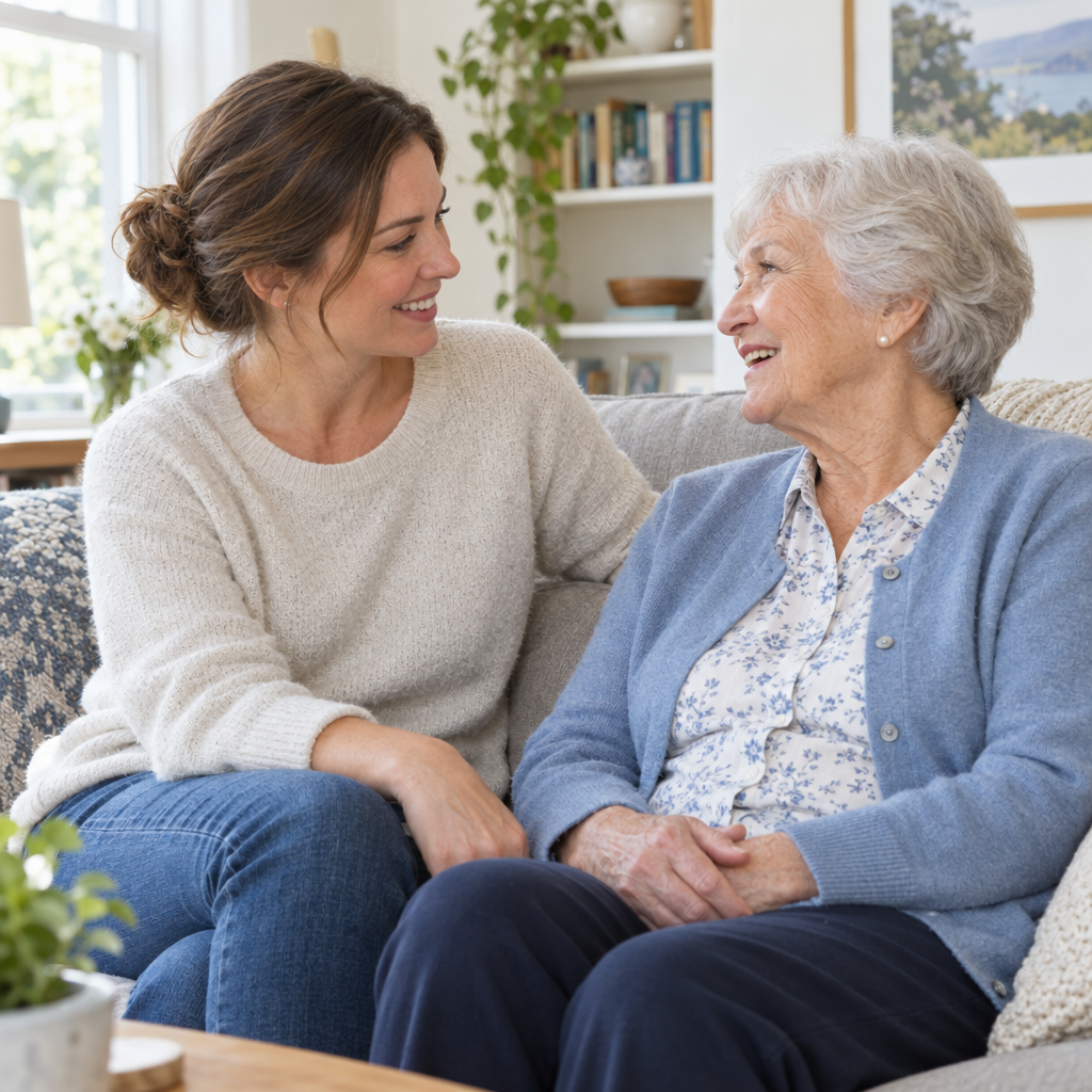 Adult daughter and elderly mother having a warm conversation about Medicare coverage options at home