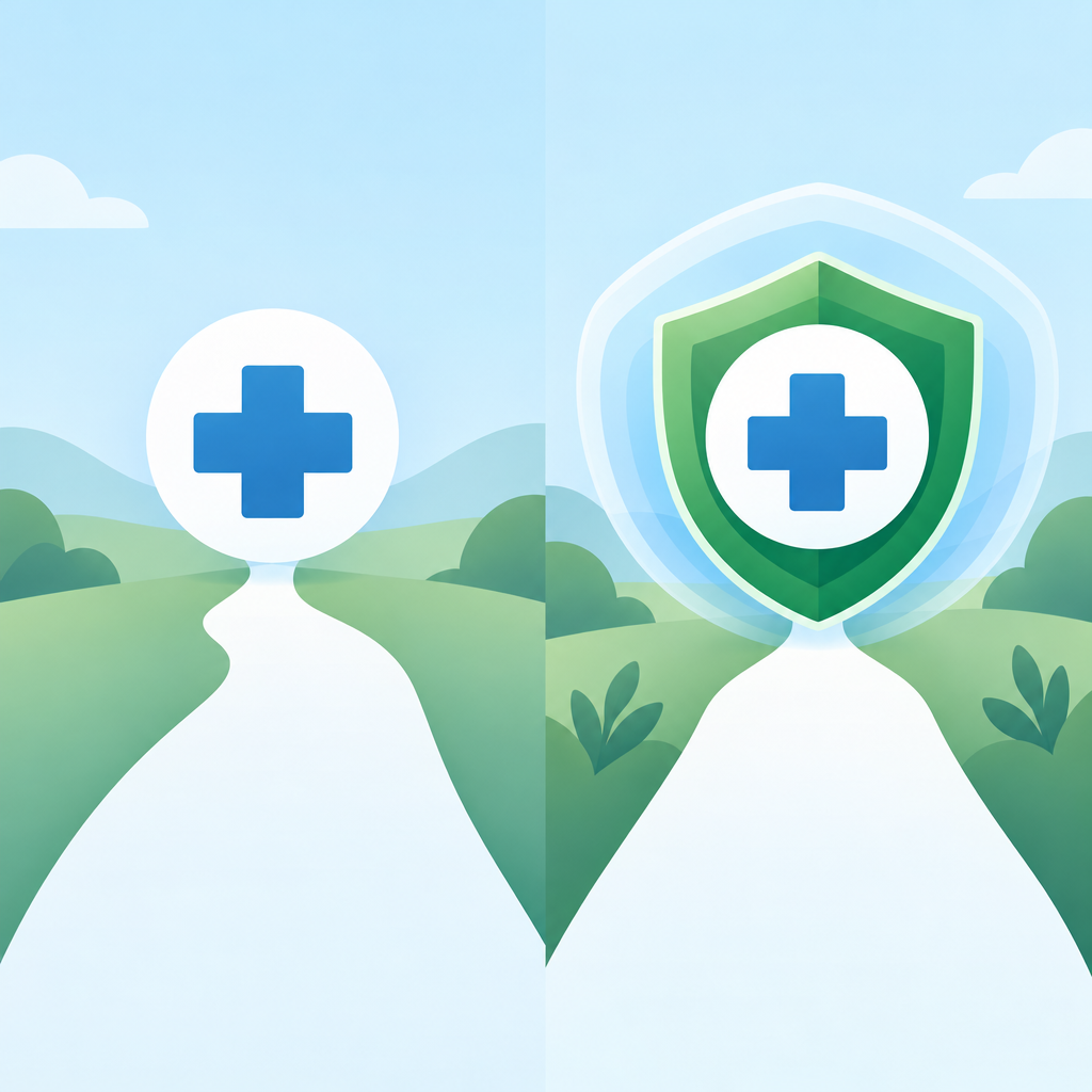 Simple conceptual illustration showing two healthcare coverage paths — Original Medicare with a supplemental layer, and an alternative all-in-one option — represented in soft blue and green