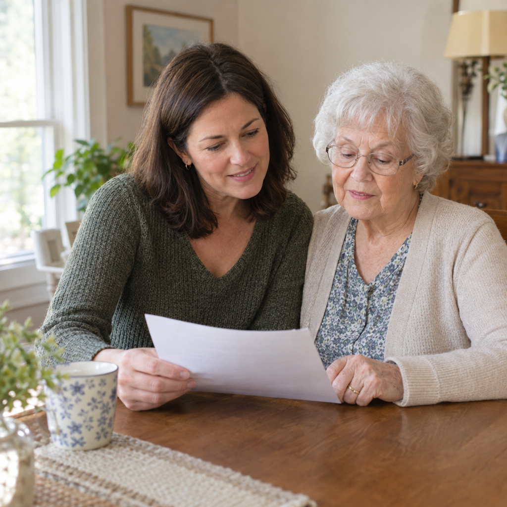 Adult daughter and elderly mother sitting together at a dining table, calmly reviewing Medicare documents in a warm home setting
