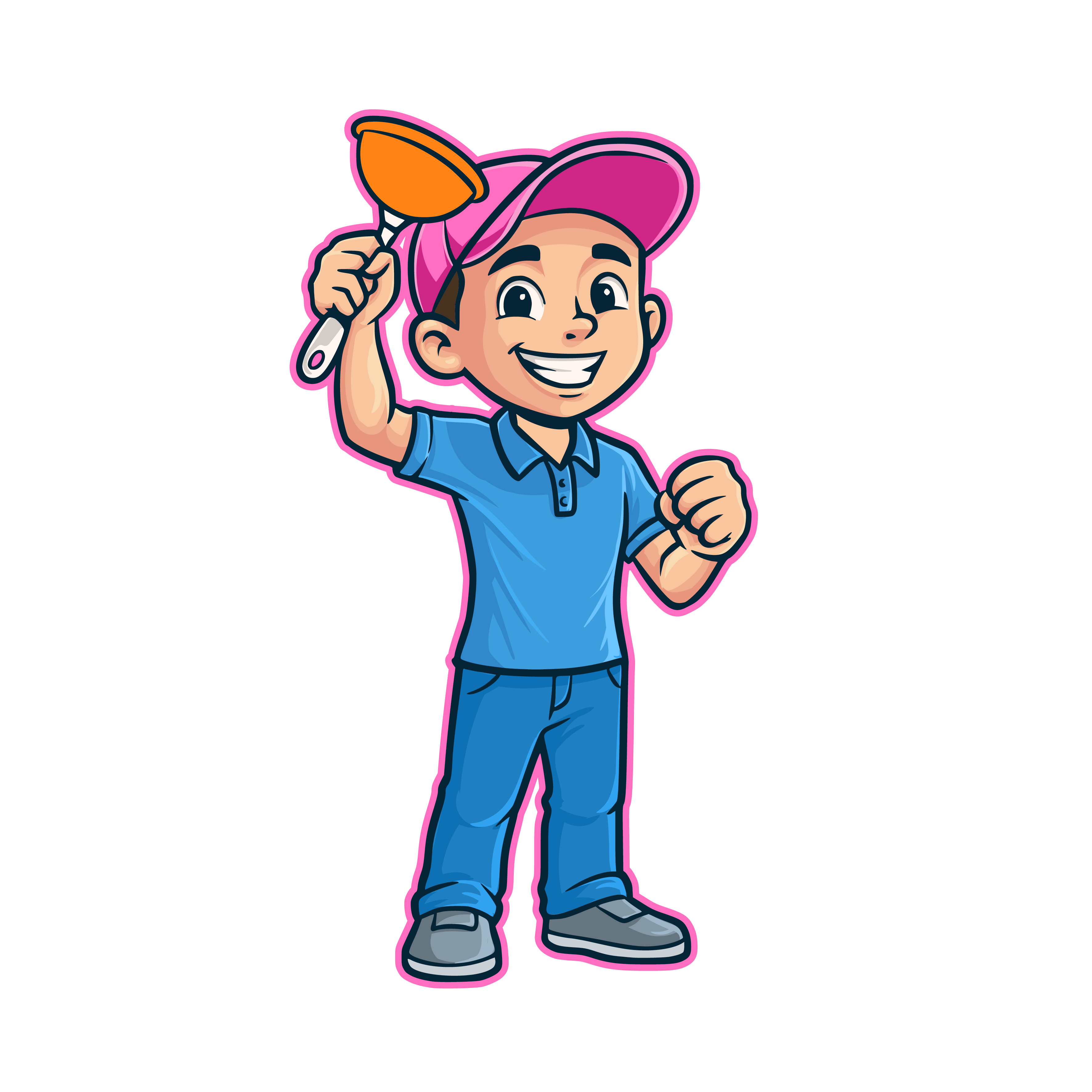 Rocky — the FIXALL mascot, a cartoon boy in a blue polo and pink cap holding an orange plunger
