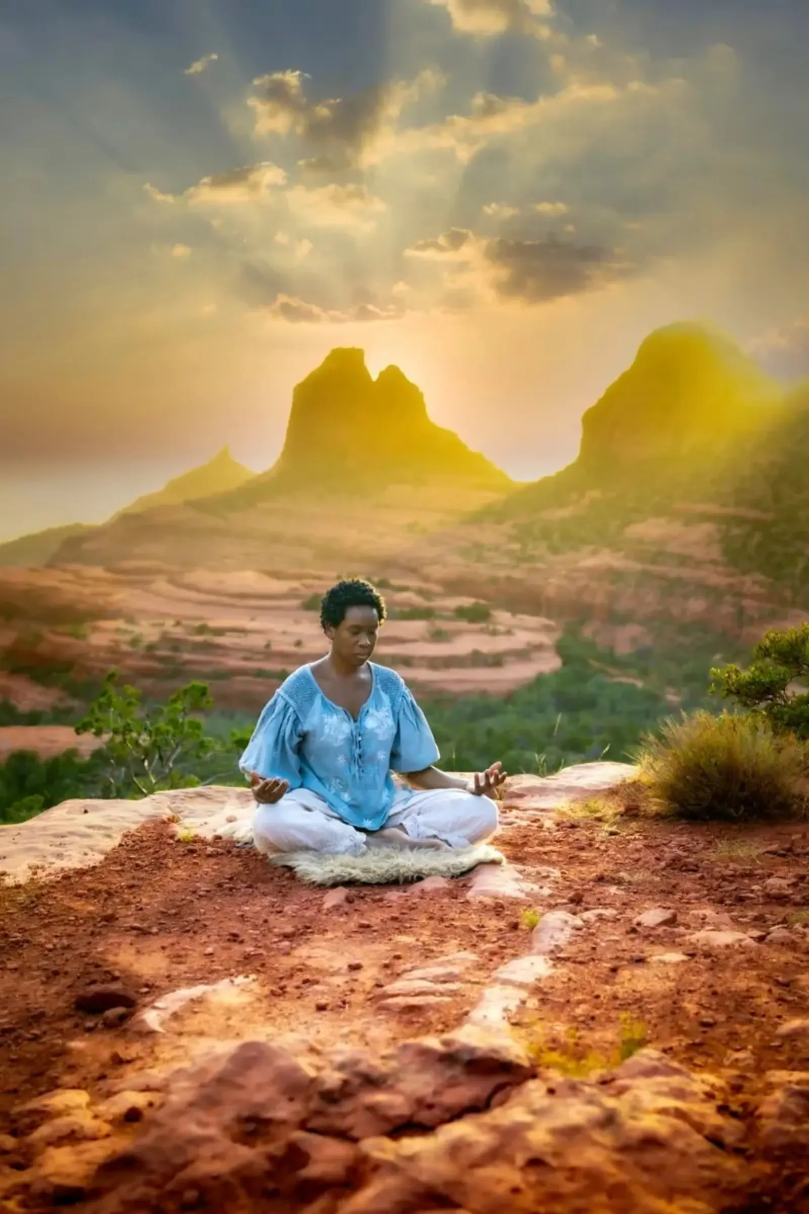 Yolessa Lawrinnce meditating on red rock in Sedona