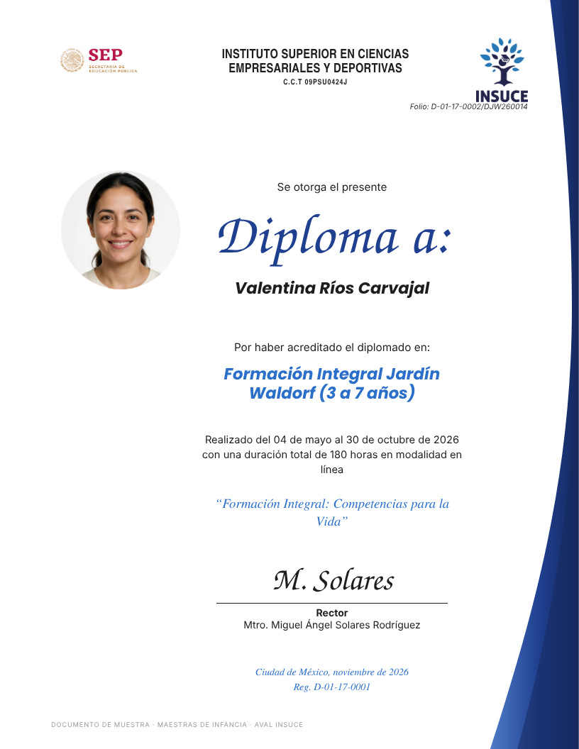Ejemplo de diploma del Diplomado Jardín Waldorf con aval INSUCE