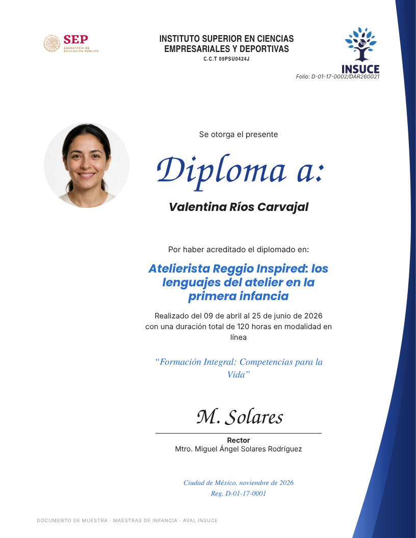 Ejemplo de diploma del Diplomado Atelierista Reggio Inspired con aval INSUCE