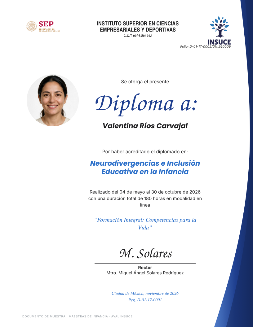 Ejemplo de diploma del Diplomado en Neurodivergencias e Inclusión con aval INSUCE