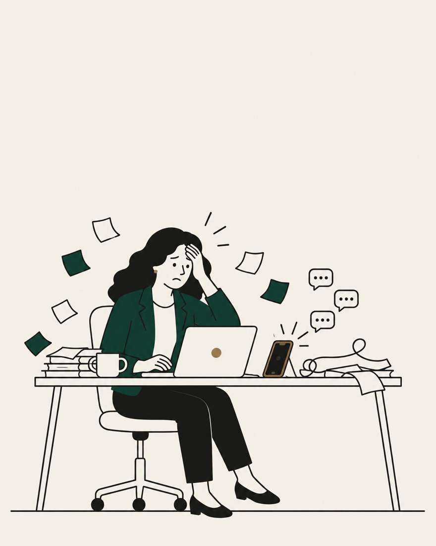 Ilustración: una coach desbordada en su escritorio, entre papeles, mensajes sin contestar y el móvil sonando