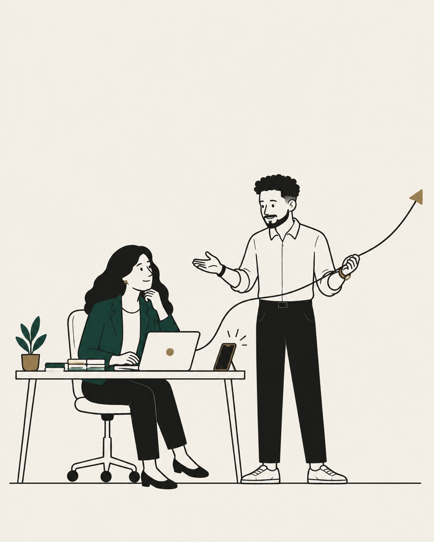 Ilustración: una coach trabaja tranquila en su escritorio mientras Elías, el operador, le enseña cómo su sistema hace el seguimiento por ella