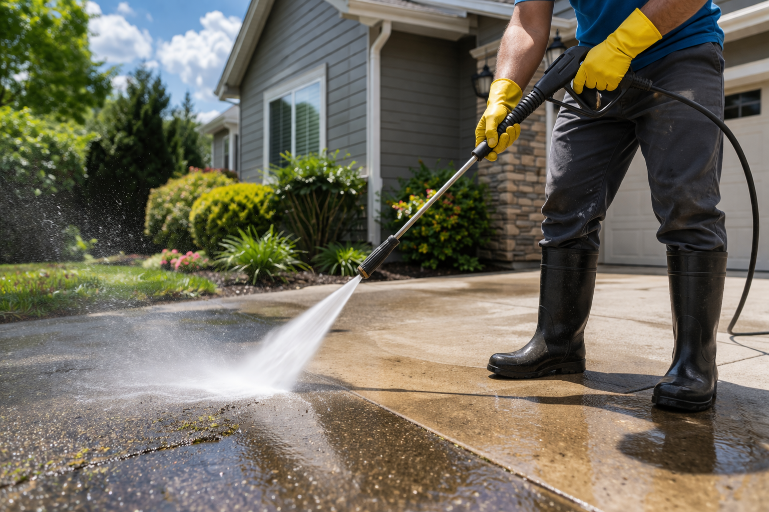 Technician pressure washing an exterior surface