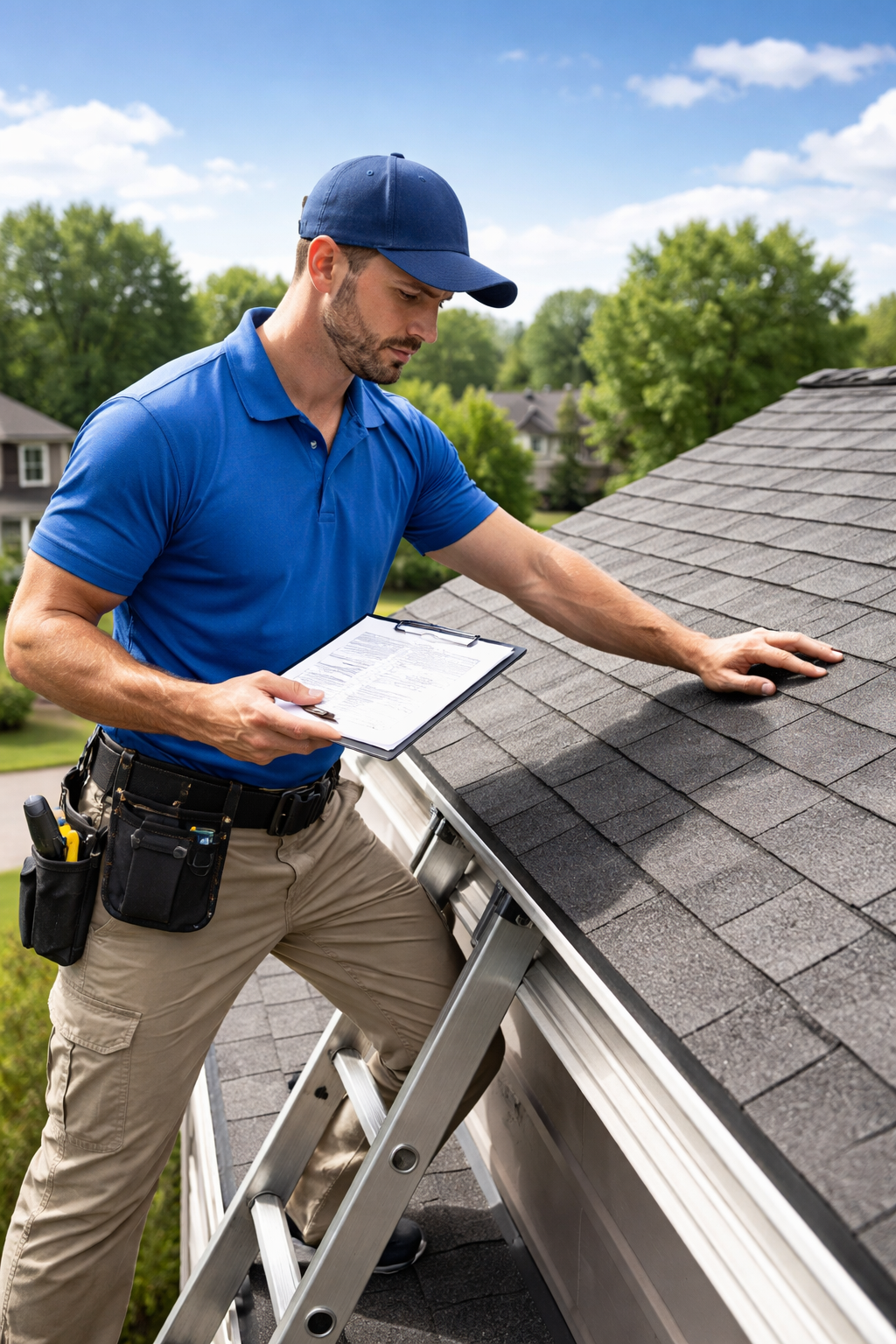Professional inspecting a residential roof