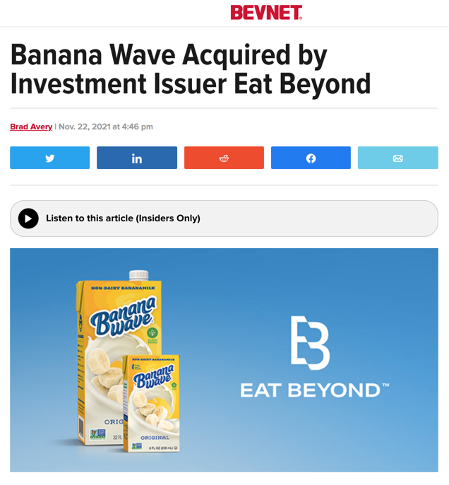 BevNet headline: Banana Wave Acquired by Investment Issuer Eat Beyond, November 2021