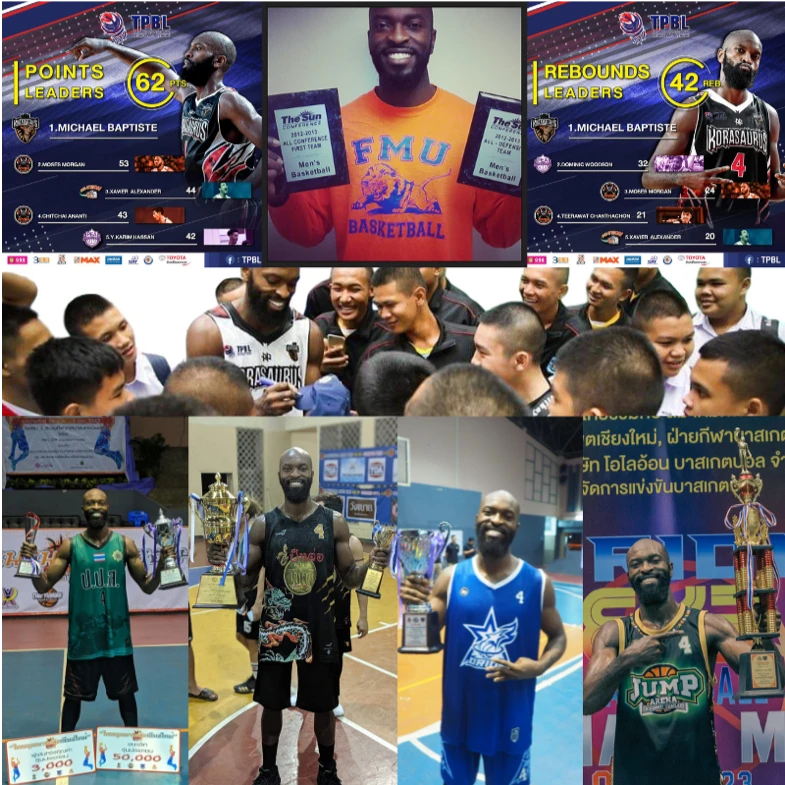 Official TPBL leaderboard graphics showing Michael Baptiste first in points and first in rebounds