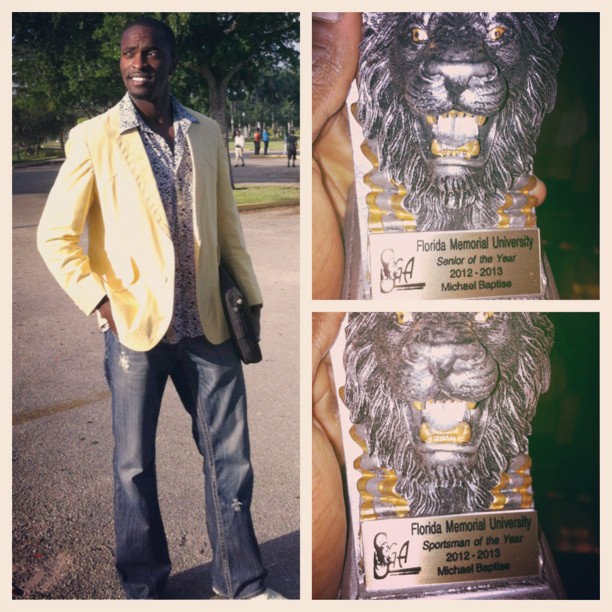 Florida Memorial University Senior of the Year and Sportsman of the Year trophies, 2012-2013, engraved Michael Baptiste
