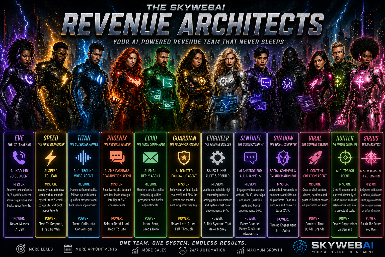 The SkyWebAI Revenue Architects  twelve AI agents assembled as a superhero team, each with a mission and power