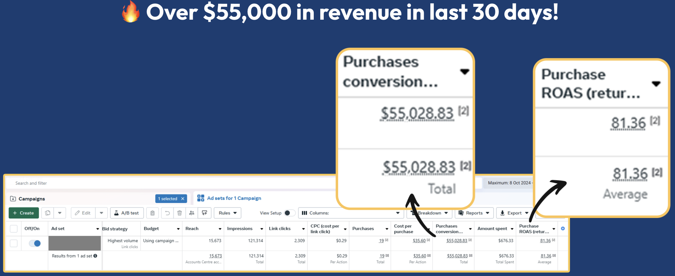 Meta Ads reporting screenshot: $55,028.83 revenue generated, Last 30 days