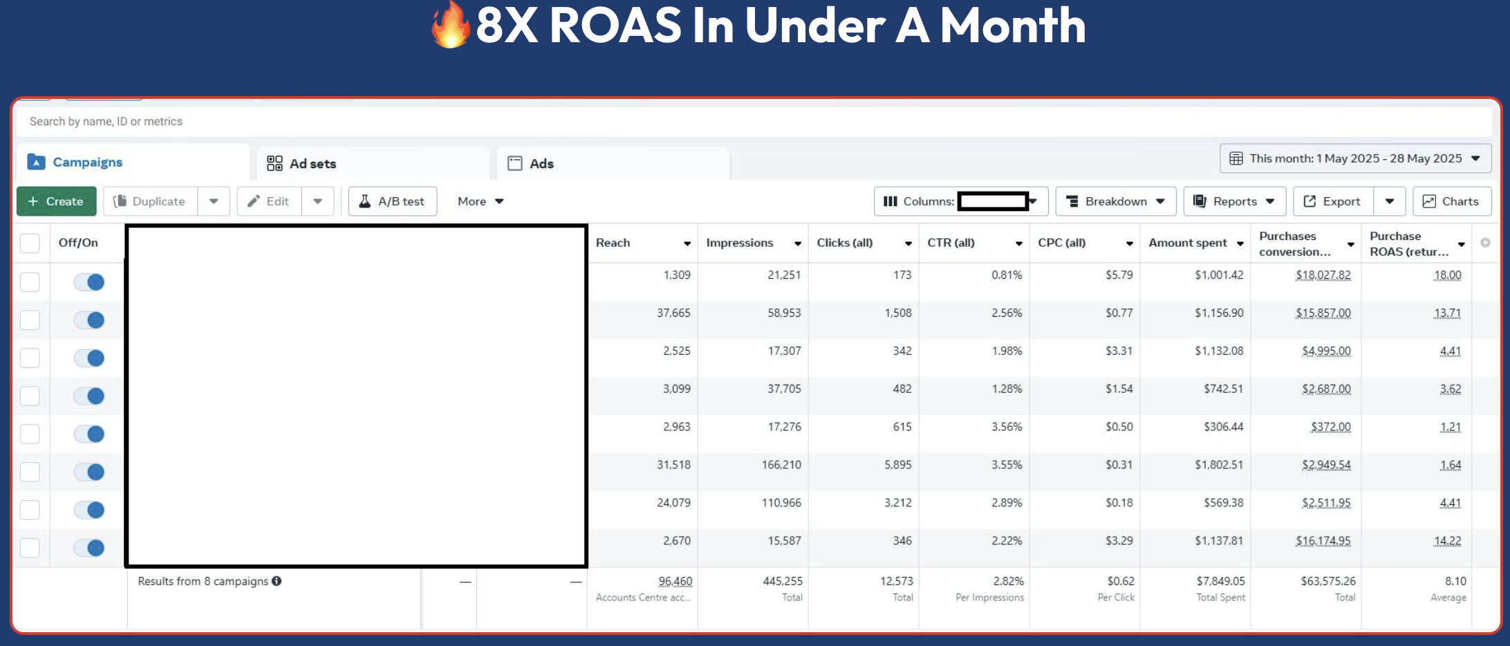 Meta Ads reporting screenshot: 8.10x return on ad spend, May 1 &ndash; 28, 2025