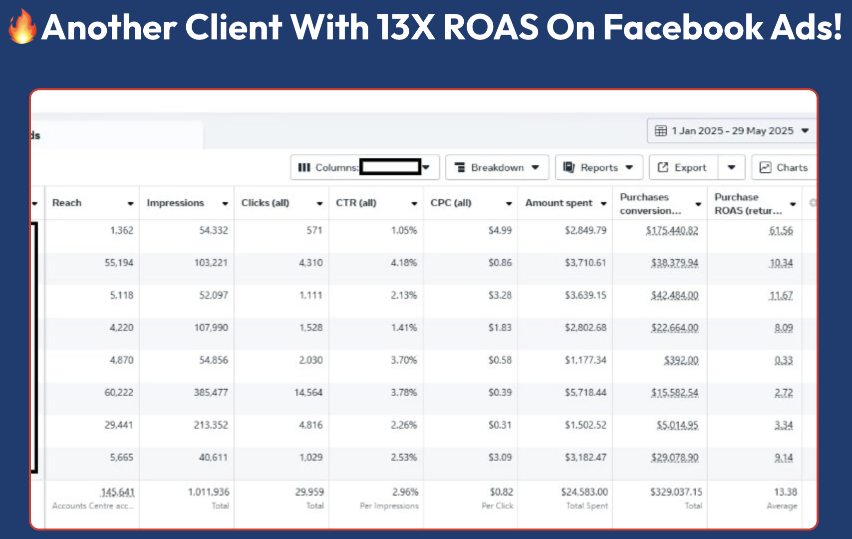 Meta Ads reporting screenshot: 13.38x return on ad spend, Jan 1 &ndash; May 29, 2025