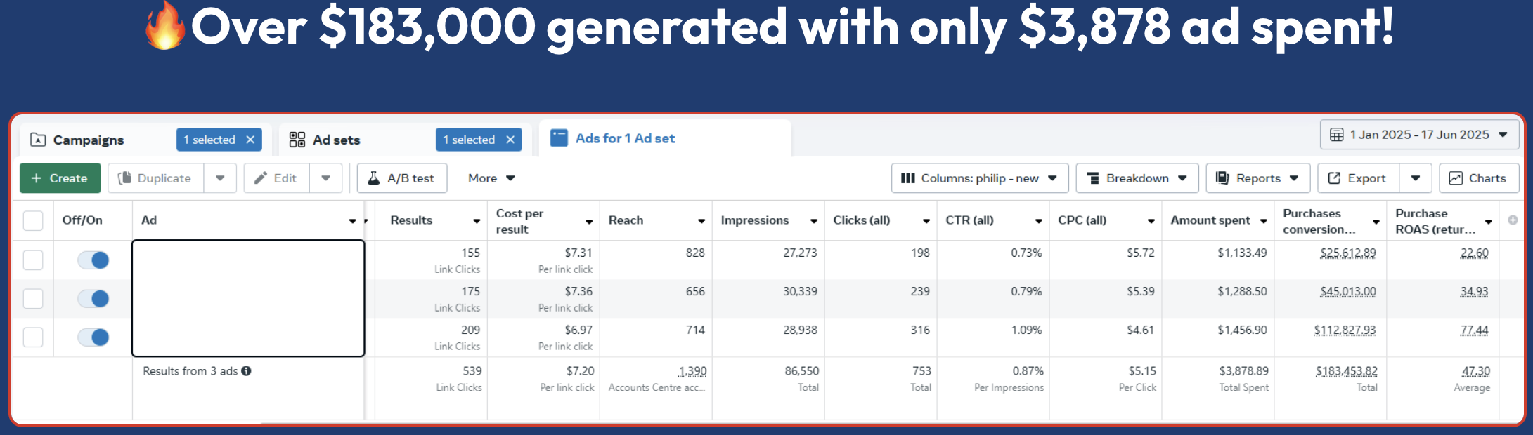 Meta Ads reporting screenshot: 47.30x return on ad spend, Jan 1 &ndash; Jun 17, 2025