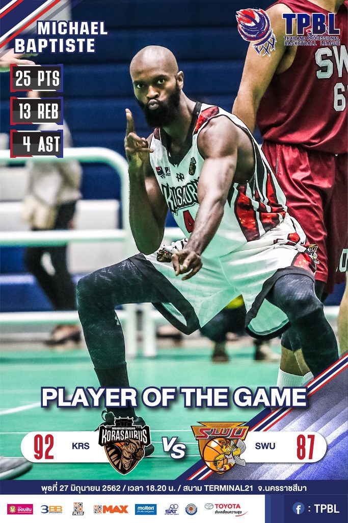 Official TPBL Player of the Game poster: Michael Baptiste, 25 points, 13 rebounds, 4 assists, Korasaurus 92 SWU 87