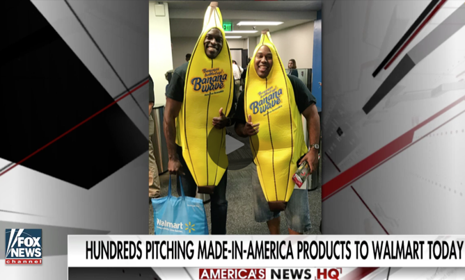 FOX News segment covering the Walmart open call, showing the Banana Wave team in banana costumes