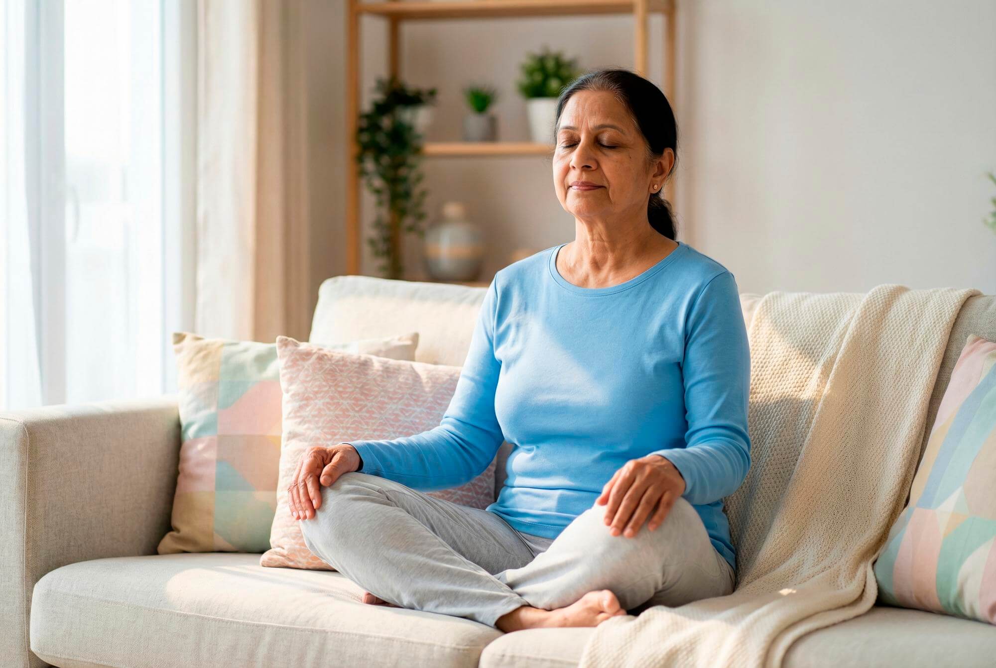 Mature South Asian woman seated on a sofa with eyes closed and hands resting loosely on her knees