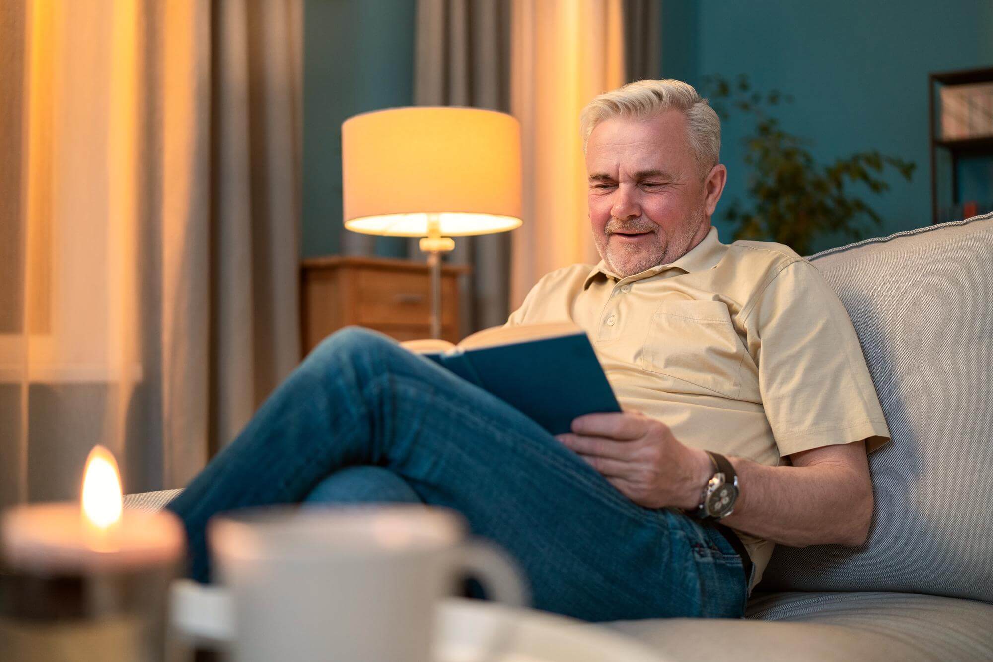 Gray-haired man reading a book on a sofa beside a warm lamp, candle and tea in the foreground