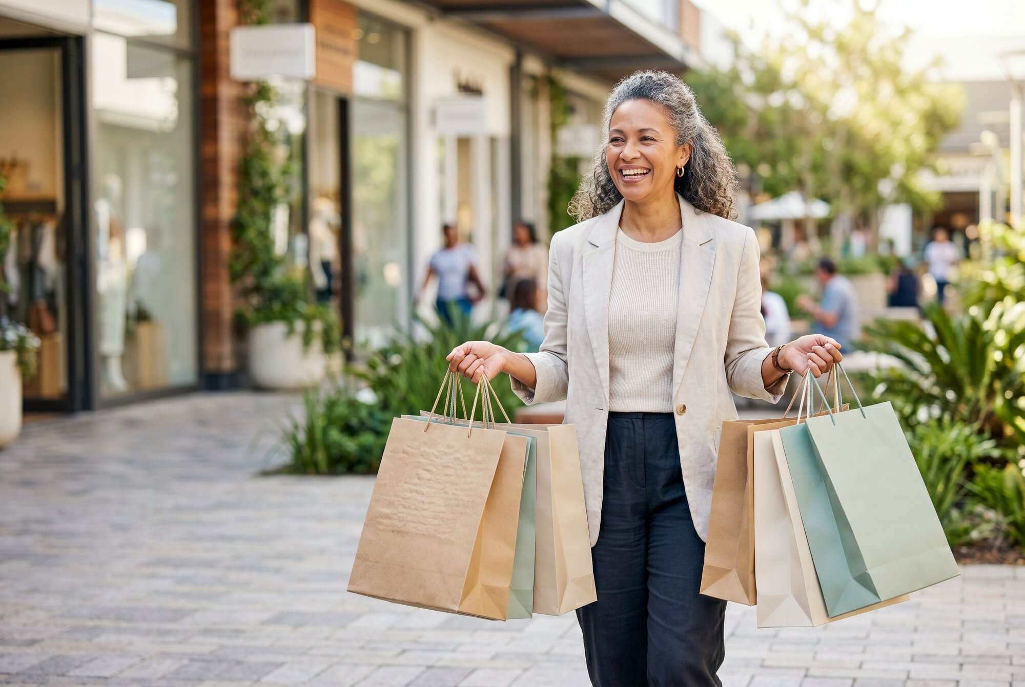 Smiling gray-haired woman walking outdoors carrying several paper shopping bags