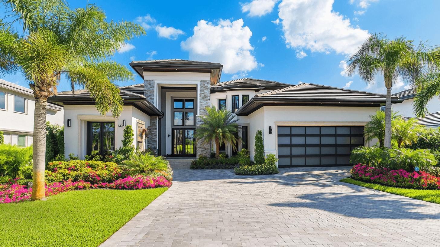 A newly built luxury Florida home with palm trees and a paver driveway