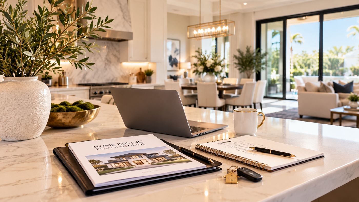 A custom home planning guide, notebook and keys on a marble kitchen island