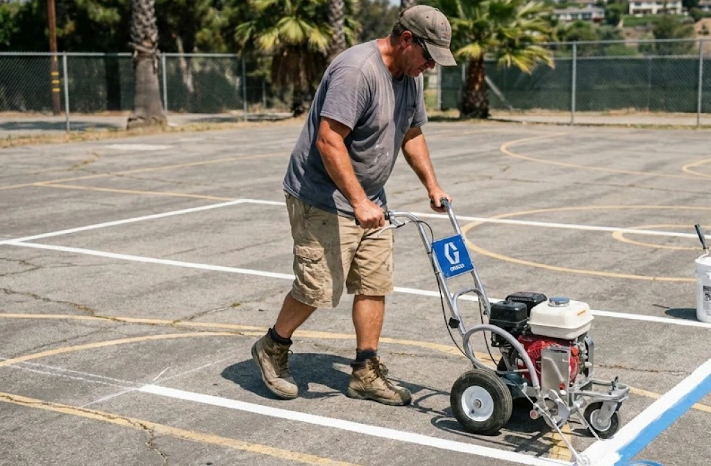 image of a man working on painting pickleball lines on a basketball court in a sunny day