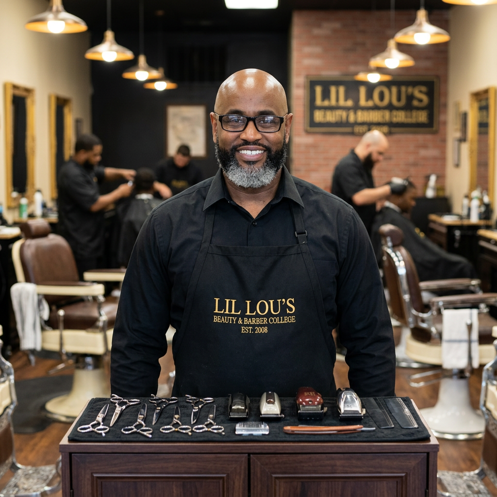 Lil Lou's founder, a master barber, smiling behind a counter of barber tools at Lil Lou's Beauty & Barber College